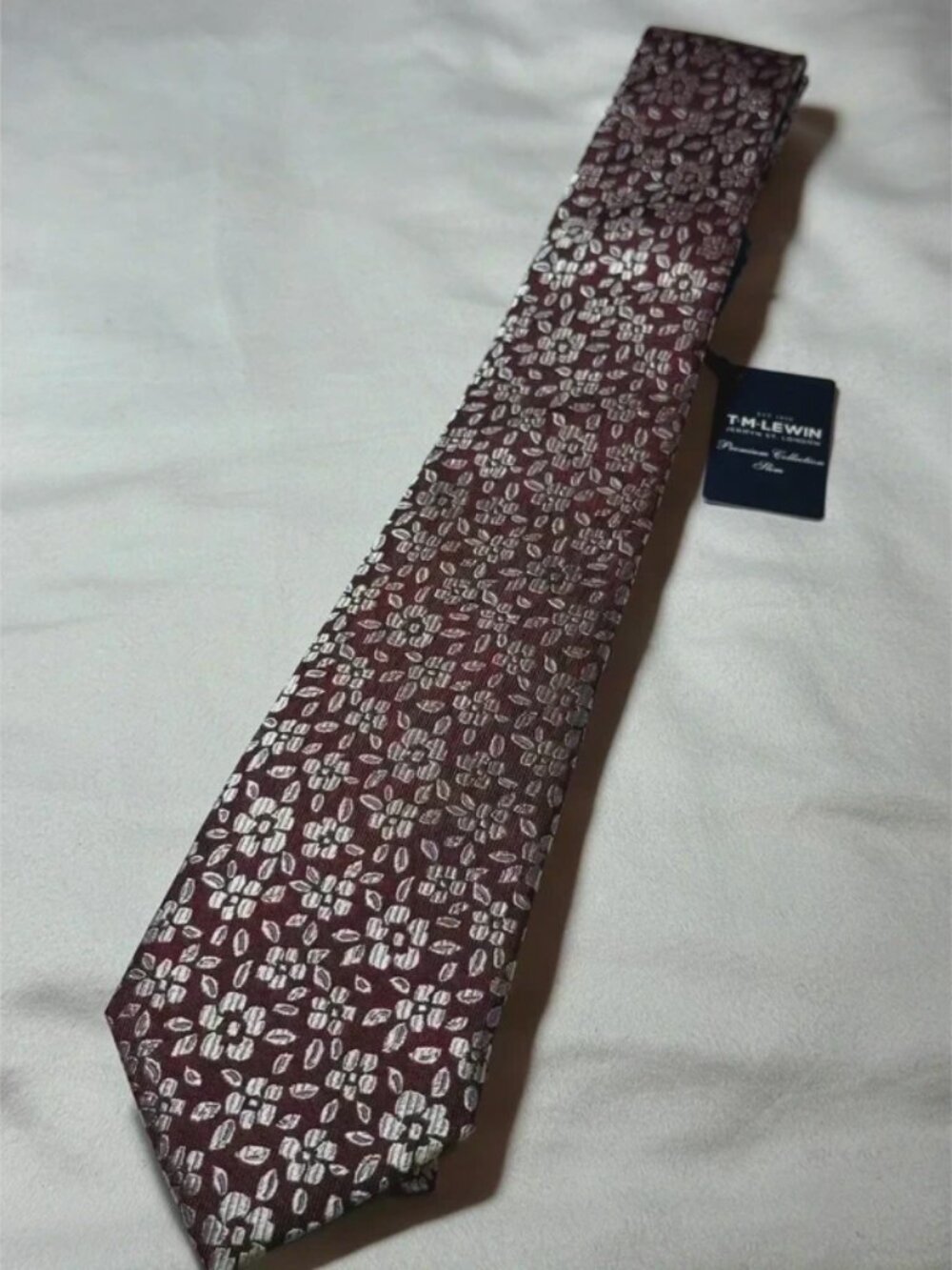 TM Lewin Burgundy Floral Silk Tie 6.7cm Wide